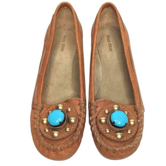 Miu Miu Womens 37 equals 6 1/2 US Brown Loafers Shoes Tan Leather Turquoise Heel - Picture 1 of 7